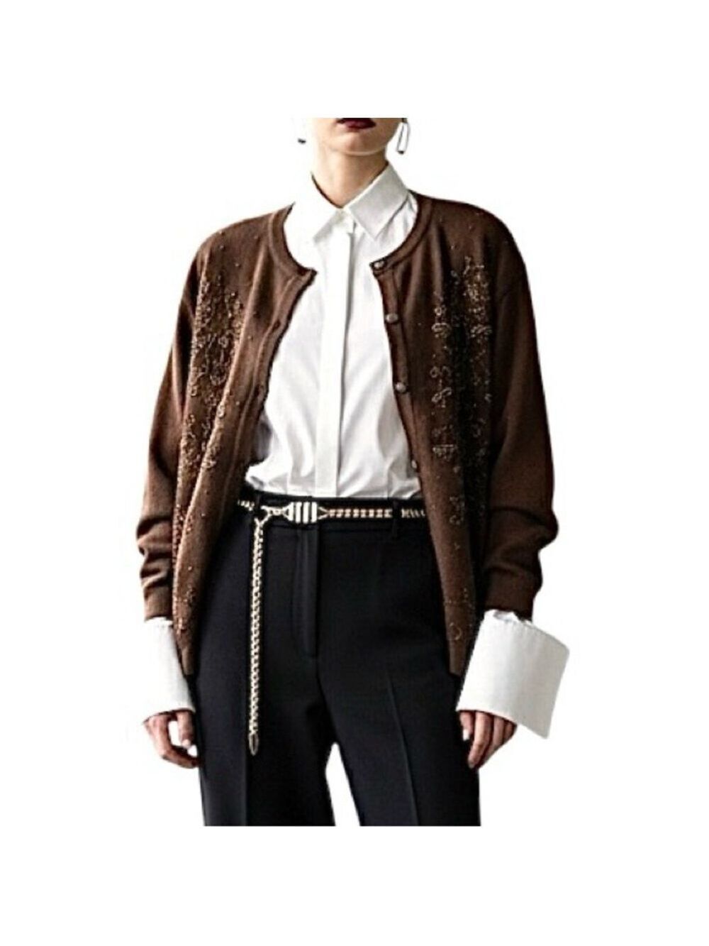 Vintage 90s Y2K wool blend brown beaded boxy old money cardigan sweater XL